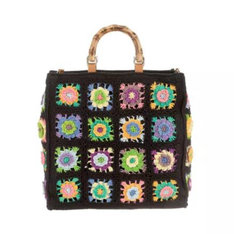 Bolso con Flores Tejidas - Negro